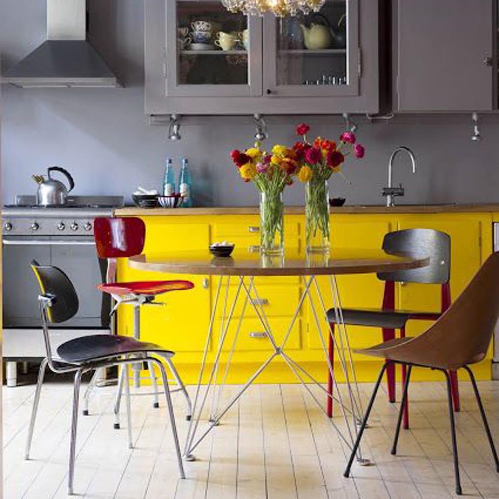 Room, Yellow, Furniture, Interior design, Floor, Table, Flooring, Interior design, Home, Cabinetry, 