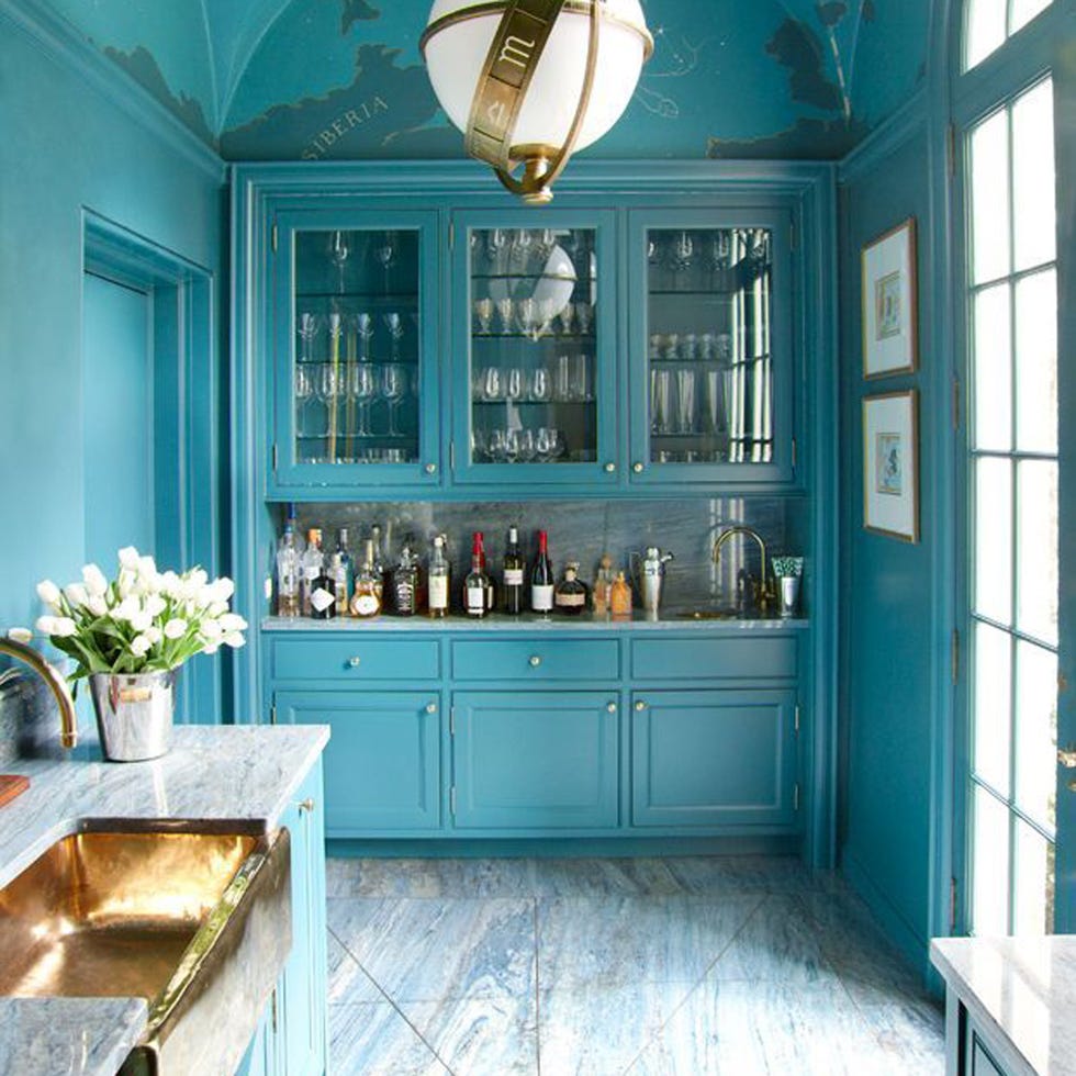 Blue, Green, Room, Interior design, Glass, Turquoise, Ceiling, Teal, Home, Cupboard, 