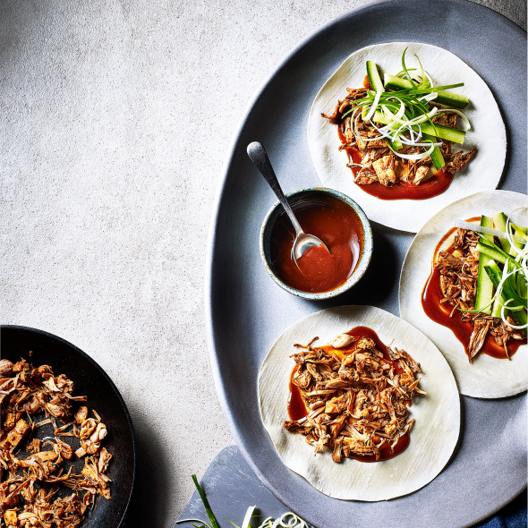 Vegan jackfruit 'duck' pancakes