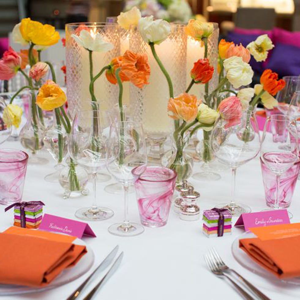 Dishware, Petal, Flower, Bouquet, Cutlery, Centrepiece, Glass, Drinkware, Serveware, Orange, 