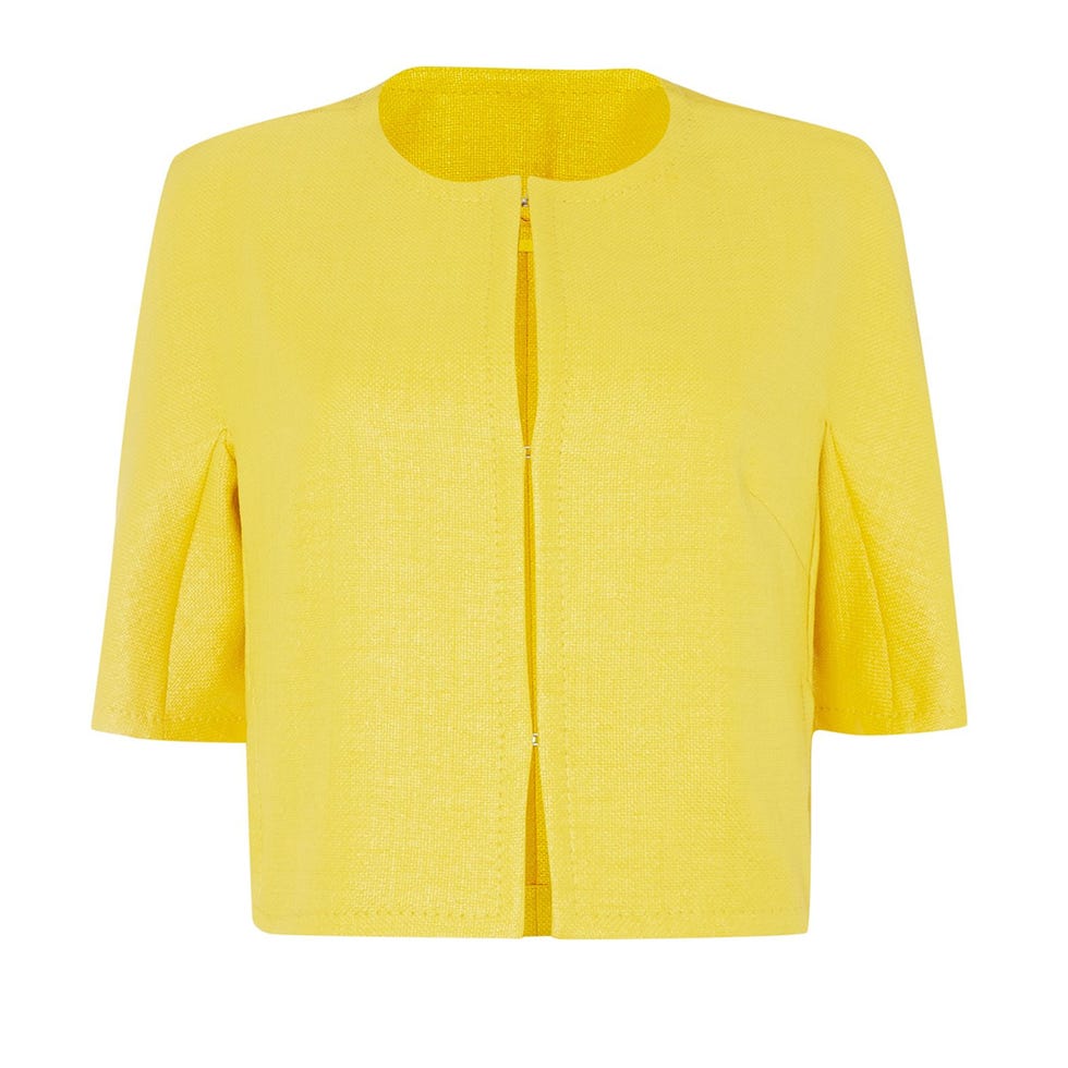 Yellow, Sleeve, Textile, Outerwear, Coat, Collar, Fashion, Blazer, Orange, Pattern, 