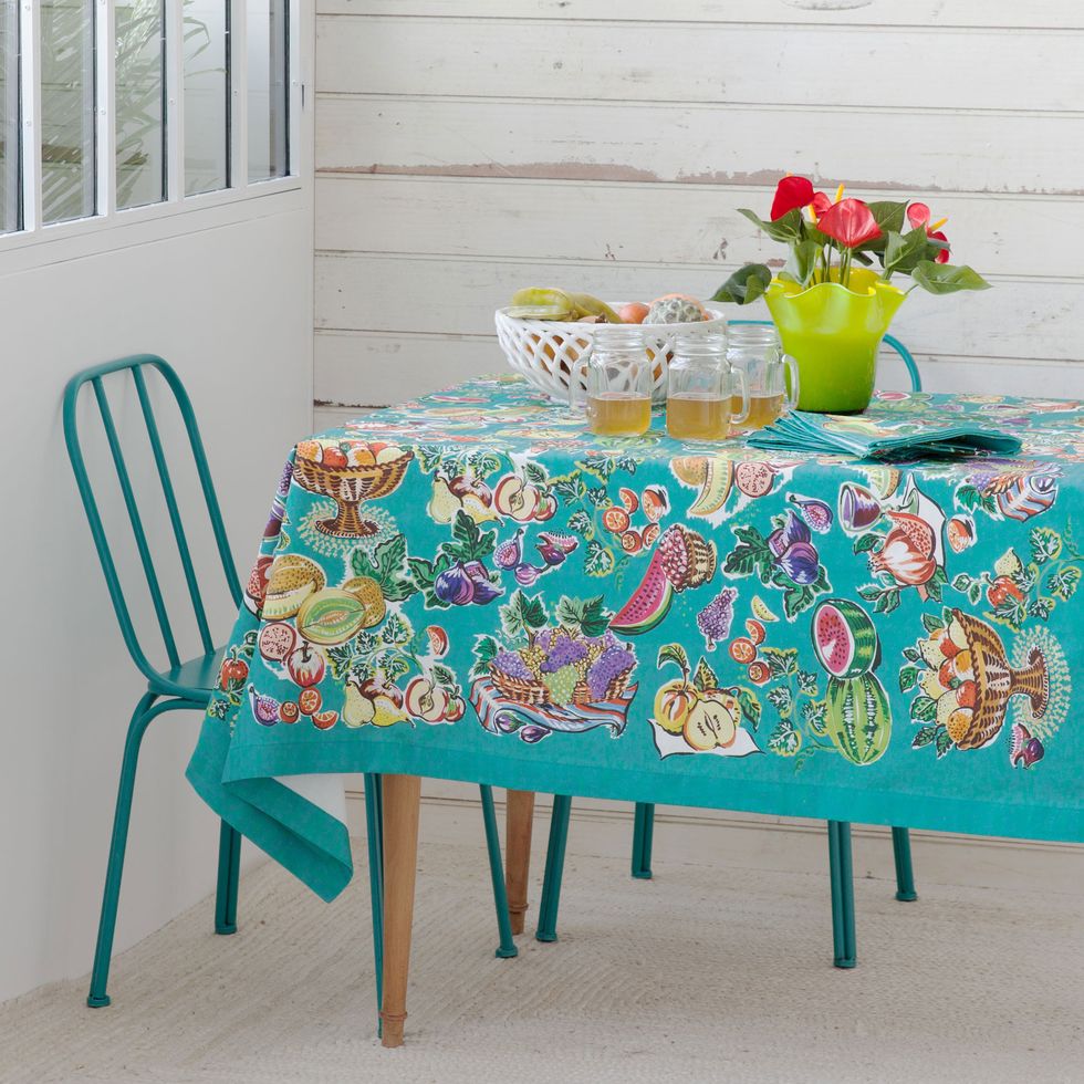 Tablecloth, Textile, Table, Furniture, Linens, Serveware, Teal, Turquoise, Home accessories, Dining room, 