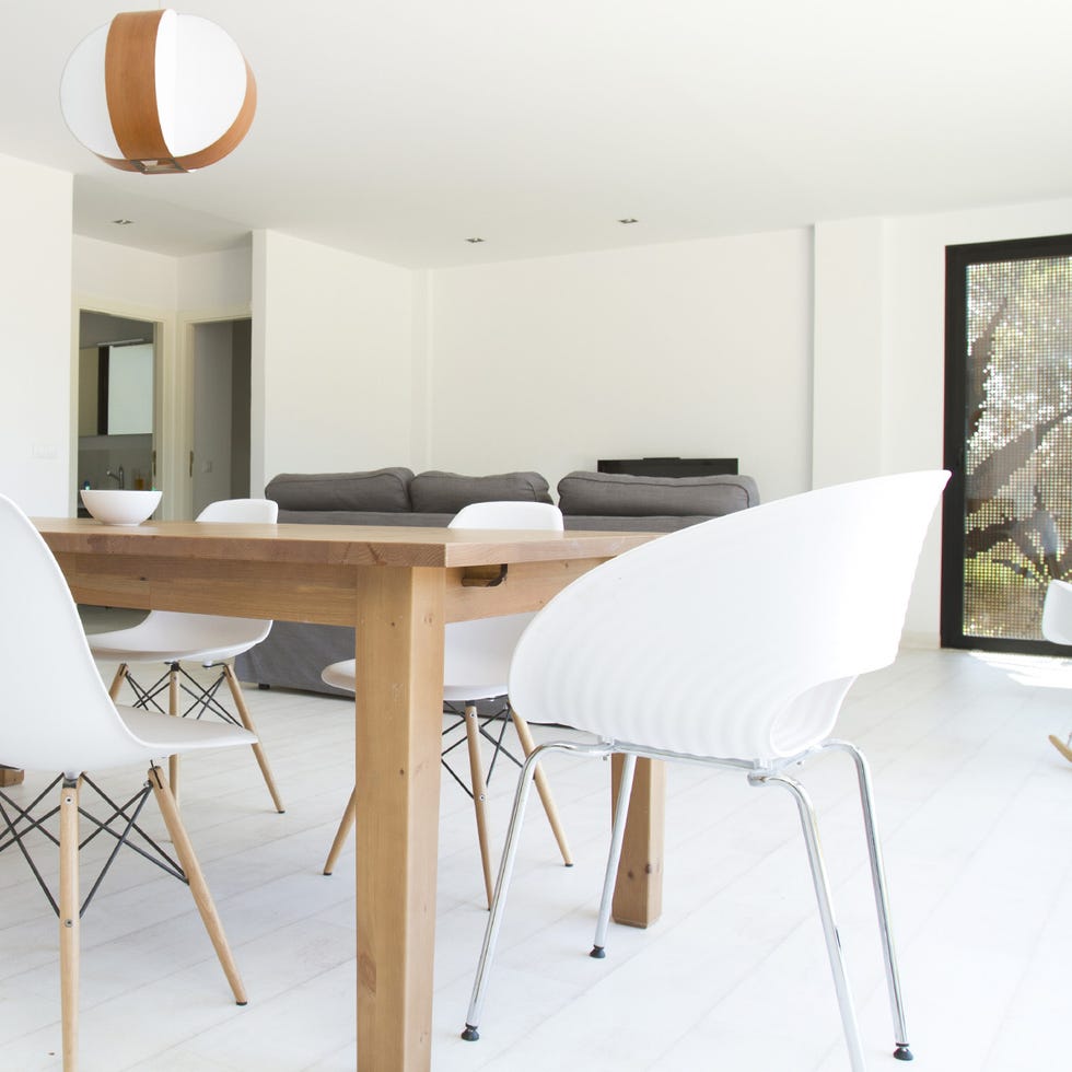 Room, Table, Interior design, Furniture, Floor, Grey, Beige, Light fixture, Material property, Design, 