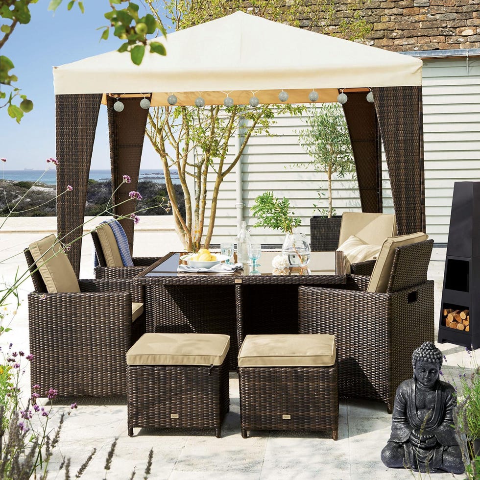 Real estate, Shade, Wicker, Outdoor furniture, Outdoor table, Home, Rectangle, Design, Pergola, Outdoor structure, 