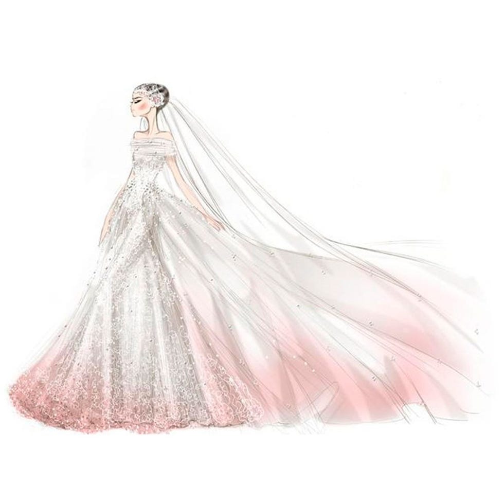 Clothing, Dress, Sleeve, Shoulder, Gown, Pink, Formal wear, Wedding dress, Bridal clothing, Peach, 