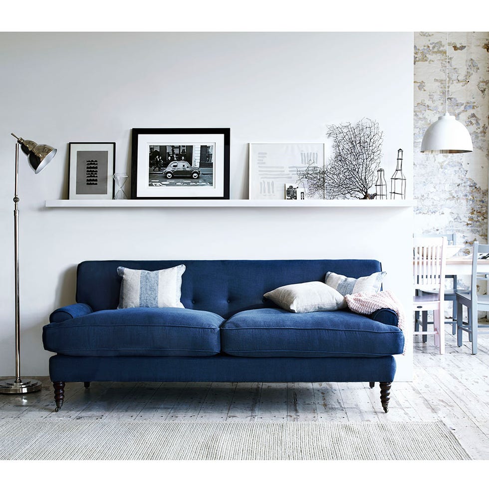 Blue, Room, Interior design, Wood, Wall, Furniture, Living room, Home, White, Couch, 
