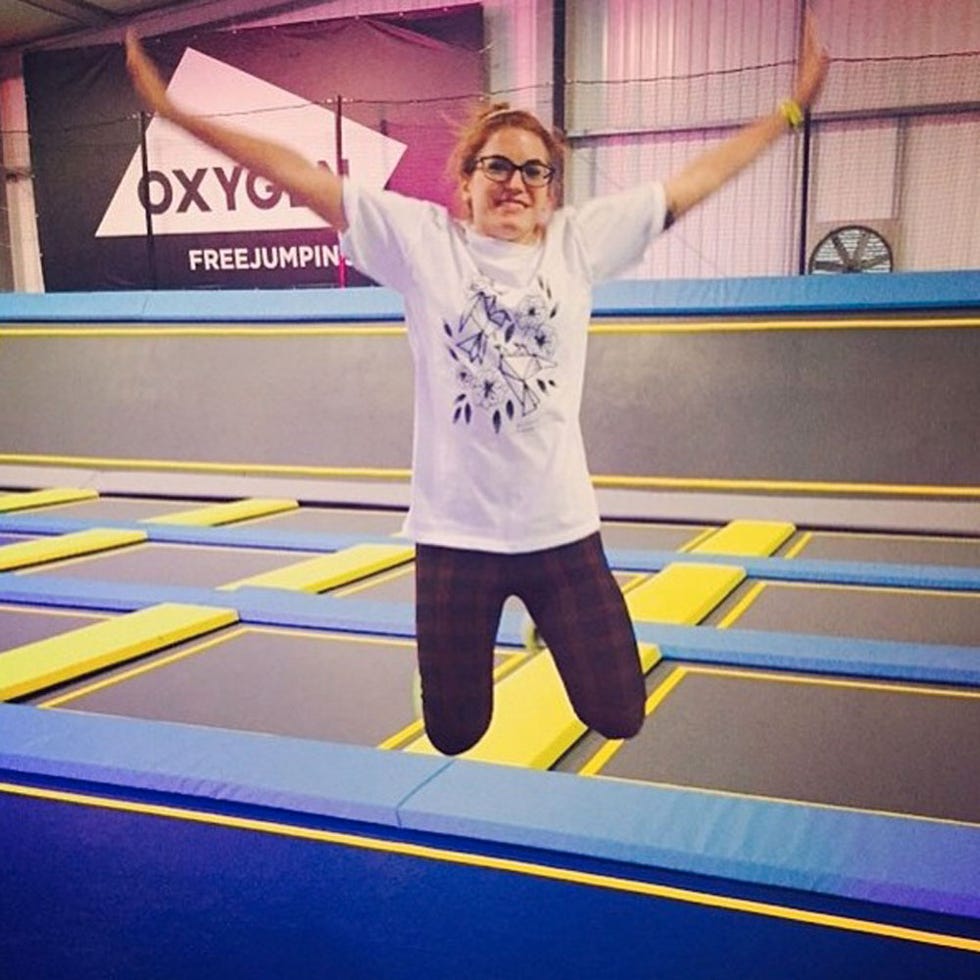 Yellow, Floor, Flooring, Standing, Leisure, Elbow, Purple, Physical fitness, Snapshot, Trampolining--Equipment and supplies, 