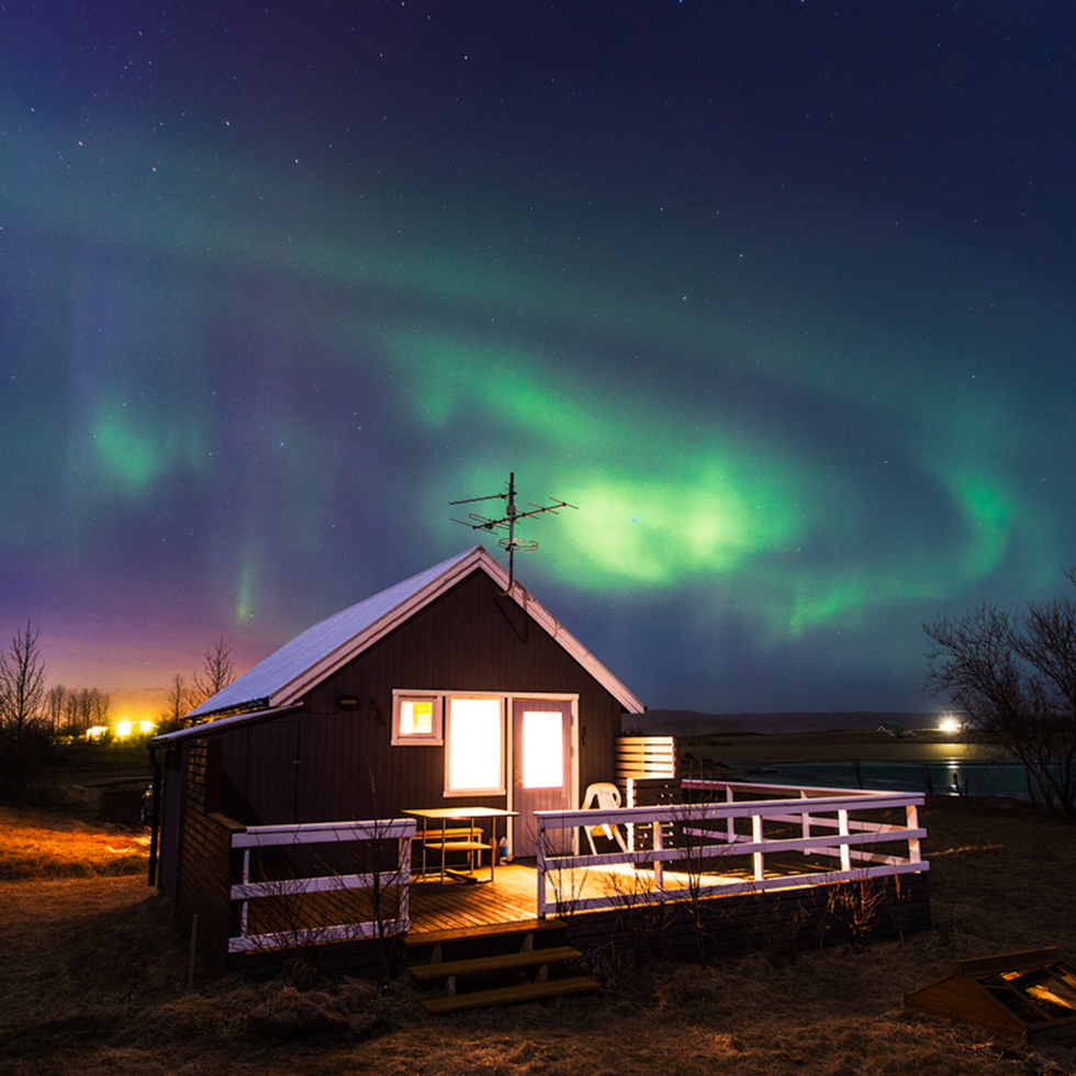 Aurora, Green, Night, House, Log cabin, Space, Star, Home, Midnight, Cottage, 