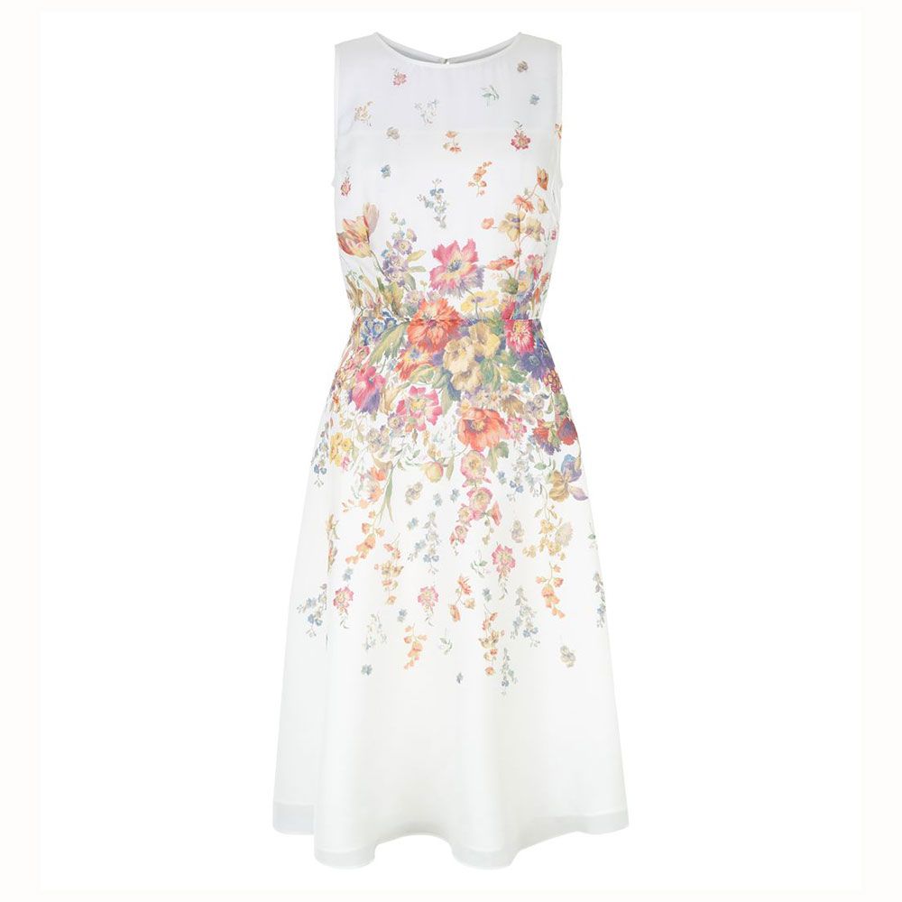Clothing, Product, Dress, Textile, One-piece garment, White, Pattern, Day dress, Fashion, Peach, 