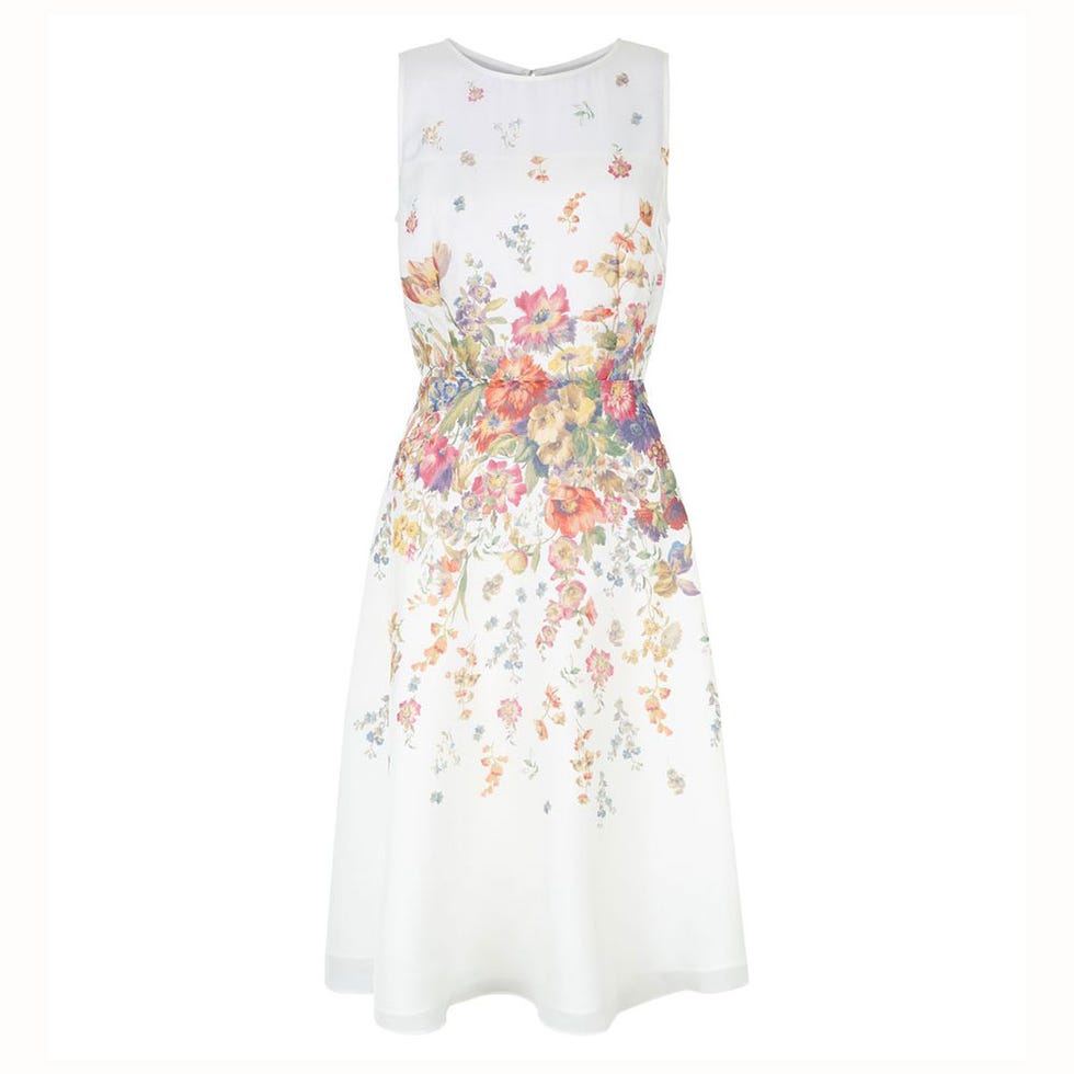 Clothing, Product, Dress, Textile, One-piece garment, White, Pattern, Day dress, Fashion, Peach, 