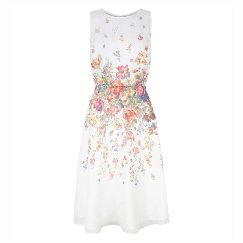 Clothing, Product, Dress, Textile, One-piece garment, White, Pattern, Day dress, Fashion, Peach, 