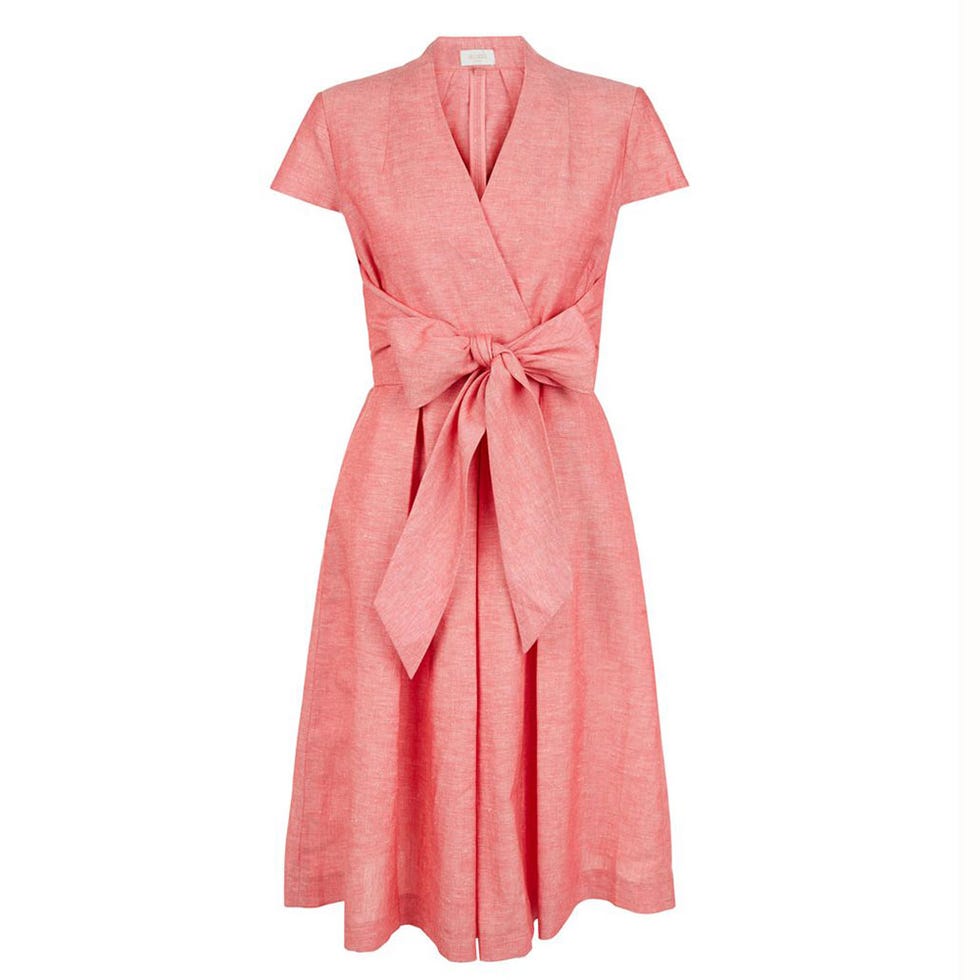 Collar, Sleeve, Dress, Textile, Red, Pink, One-piece garment, Formal wear, Pattern, Peach, 