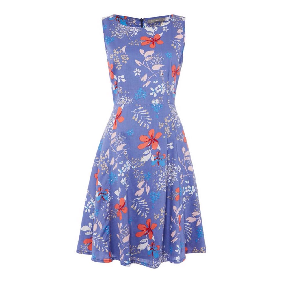 Blue, Sleeve, Dress, Textile, Pattern, One-piece garment, Formal wear, Orange, Electric blue, Day dress, 