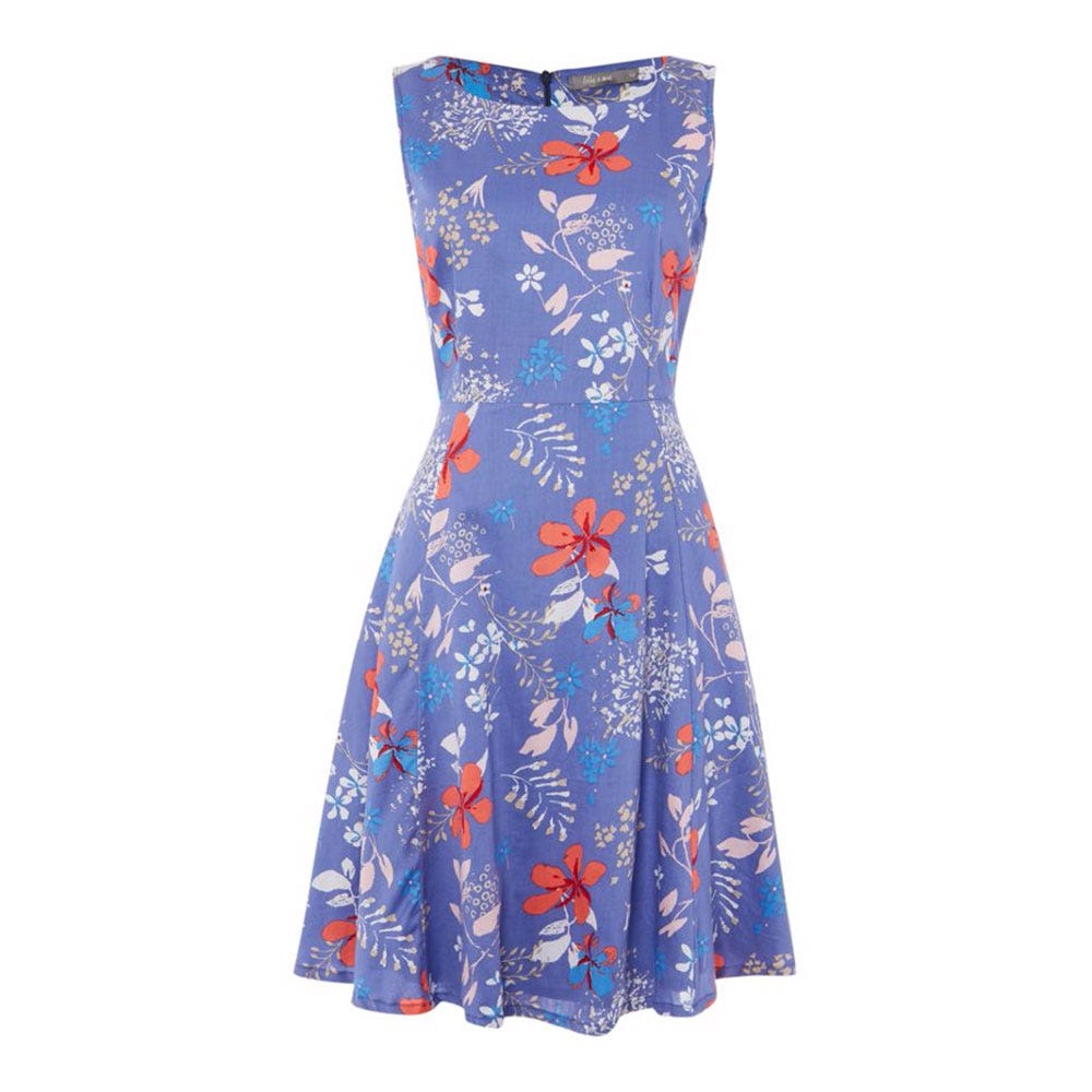 Blue, Sleeve, Dress, Textile, Pattern, One-piece garment, Formal wear, Orange, Electric blue, Day dress, 