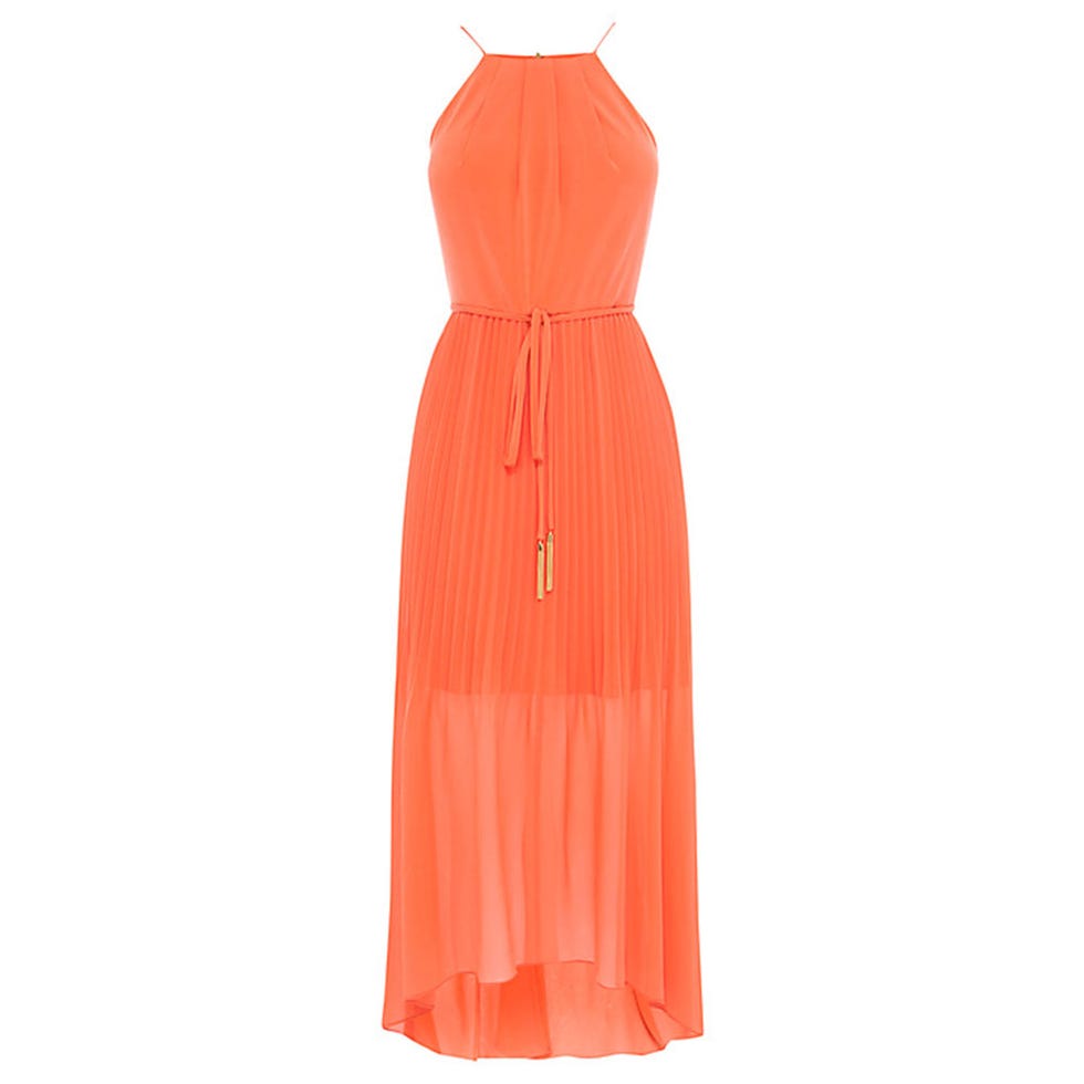 Dress, Sleeve, Collar, Textile, One-piece garment, Red, Orange, Formal wear, Pattern, Day dress, 