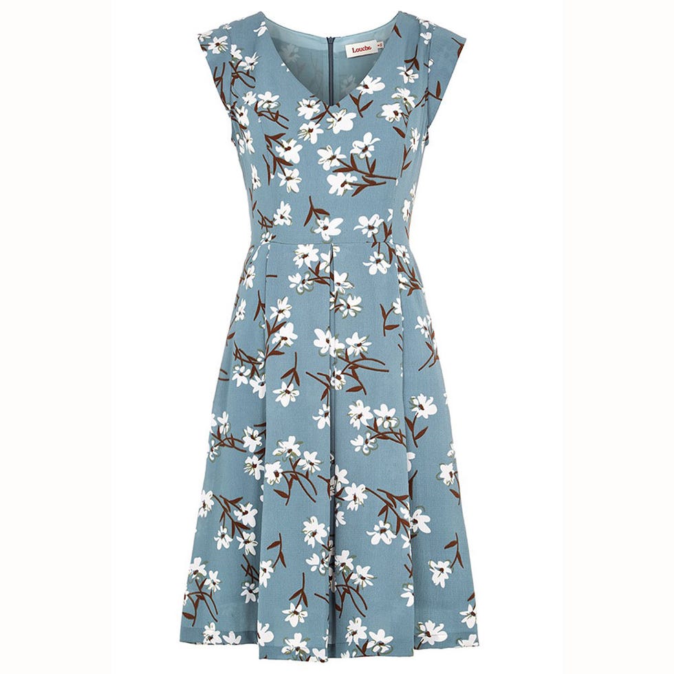 Blue, Sleeve, Dress, Pattern, Textile, White, One-piece garment, Style, Collar, Teal, 