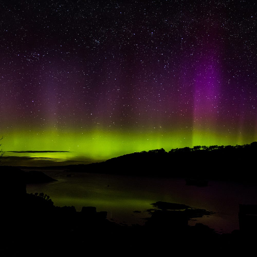 Nature, Night, Aurora, Green, Natural landscape, Purple, Star, Violet, Atmosphere, Magenta, 