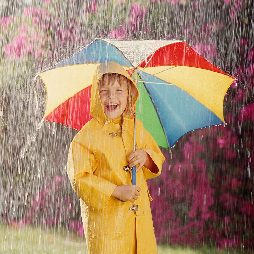 People in nature, Pink, Magenta, Umbrella, Raincoat, Rain, Grass family, Precipitation, Rain suit, Paddy field, 