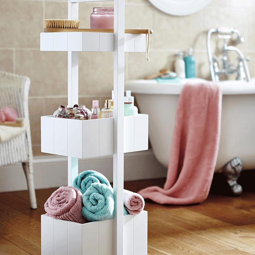 Shelf, Product, Furniture, Bathroom, Pink, Room, Shelving, Turquoise, Towel, Table, 