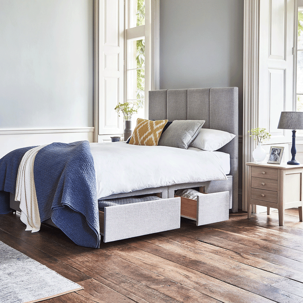 Furniture, Bed, Bedroom, Room, Bed frame, Mattress, Drawer, Nightstand, Wood flooring, Bed sheet, 
