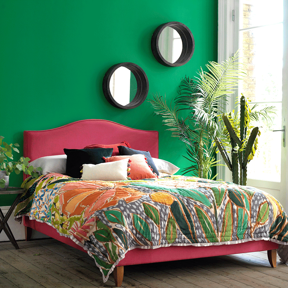 Green, Lighting, Room, Bed, Interior design, Textile, Bedding, Wall, Bedroom, Linens, 