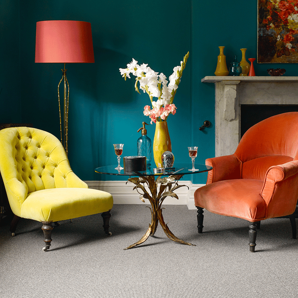 Furniture, Living room, Blue, Room, Couch, Interior design, Turquoise, Yellow, Floor, Chair, 
