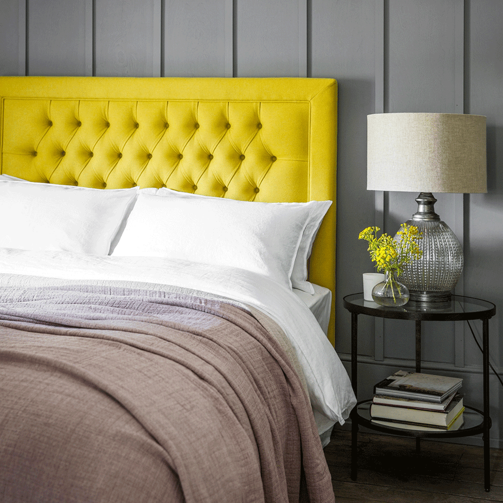 Yellow, Furniture, Room, Bedding, Bedroom, Bed, Nightstand, Bed frame, Bed sheet, Interior design, 