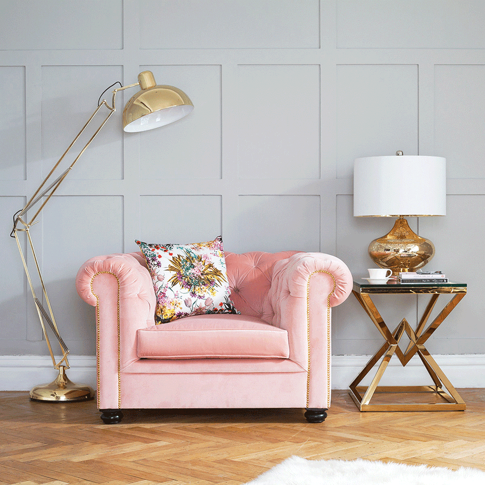 Furniture, Pink, Lamp, Lighting, Floor, Room, Light fixture, Product, Interior design, Yellow, 
