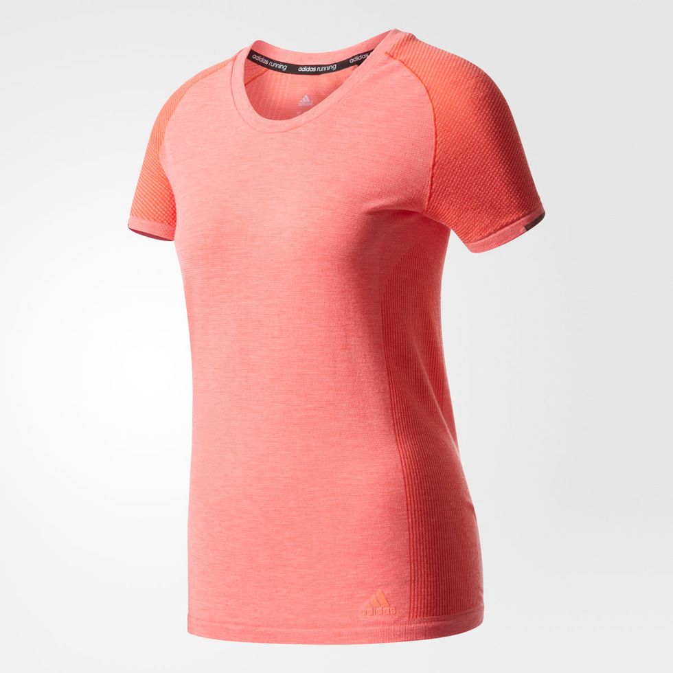 Clothing, T-shirt, Orange, Sleeve, Red, Pink, Neck, Active shirt, Shoulder, Top, 