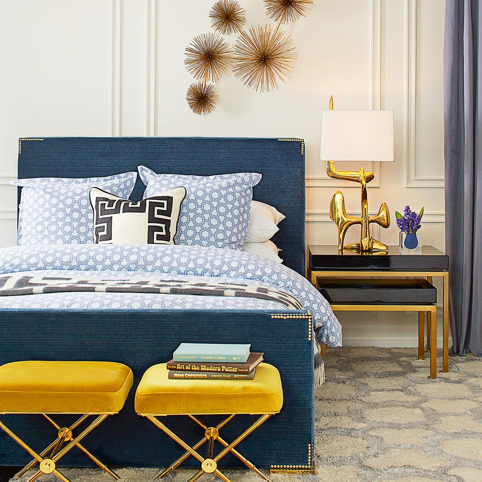 Furniture, Blue, Room, Yellow, Interior design, Bedroom, Living room, Wall, Table, Home, 