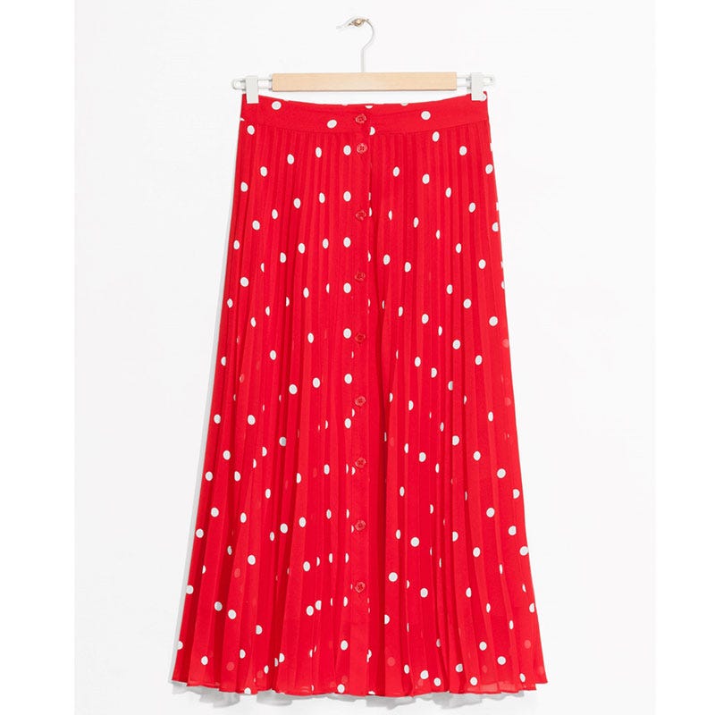 Clothing, Pattern, Red, Polka dot, A-line, Waist, Design, Dress, Pattern, Day dress, 