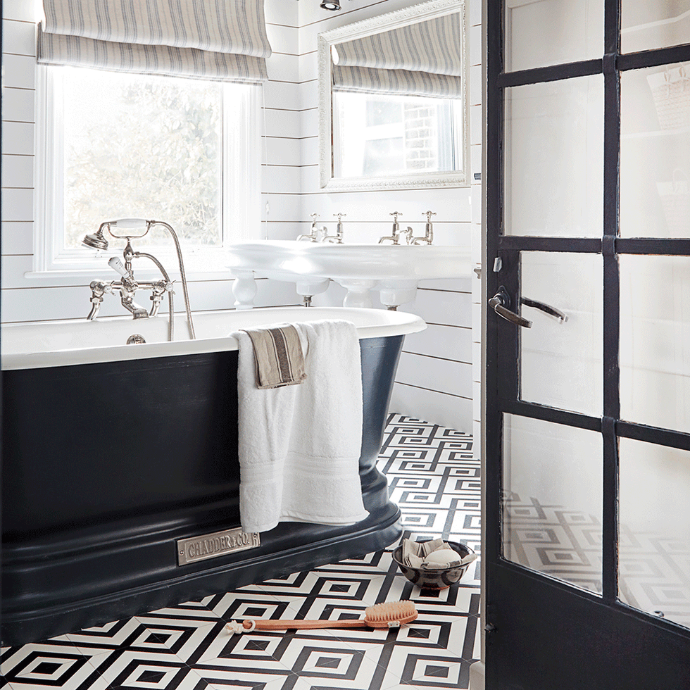 Tile, White, Room, Black, Floor, Bathroom, Interior design, Property, Furniture, Black-and-white, 