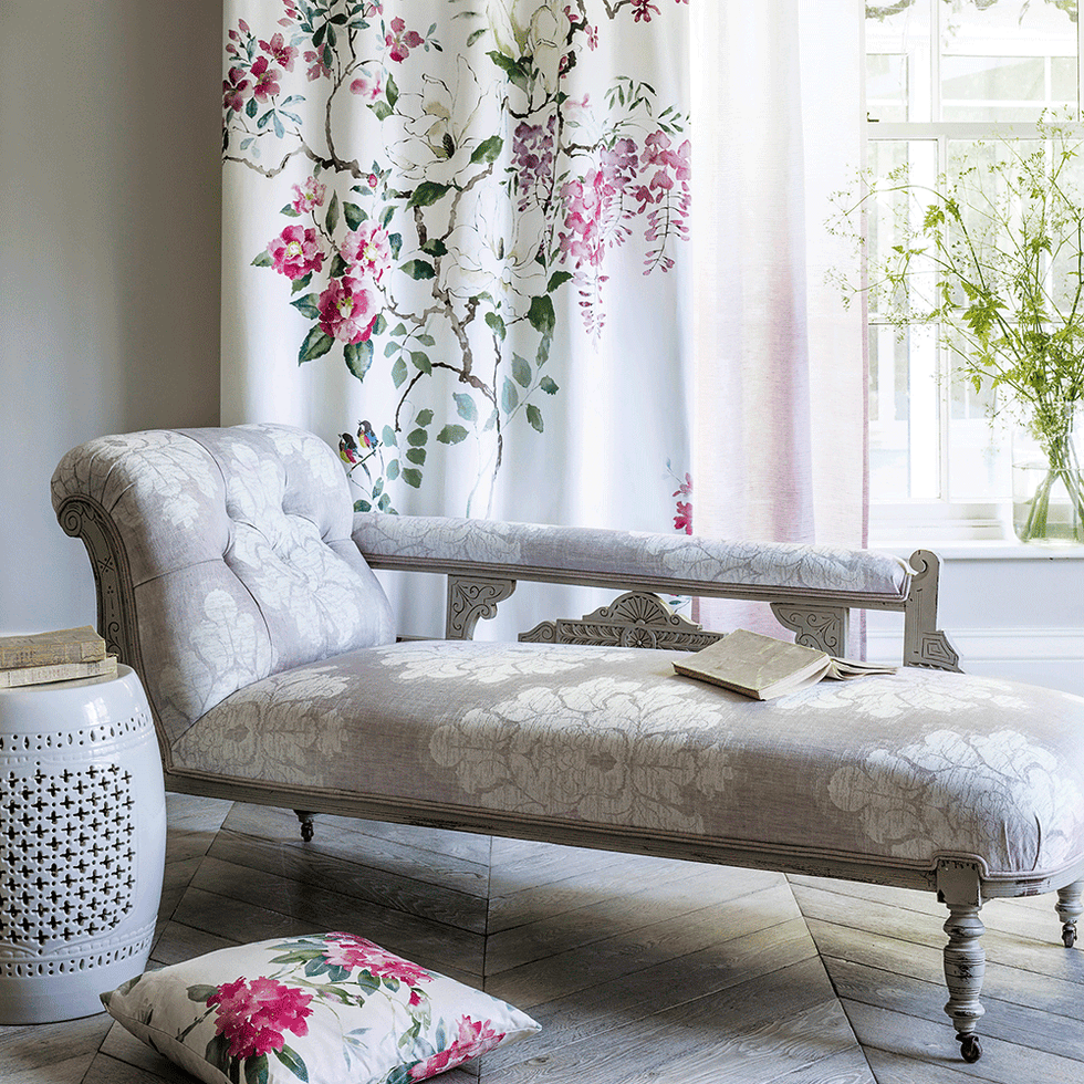 Furniture, Room, Interior design, Couch, Living room, Pink, Chaise longue, studio couch, Table, Coffee table, 