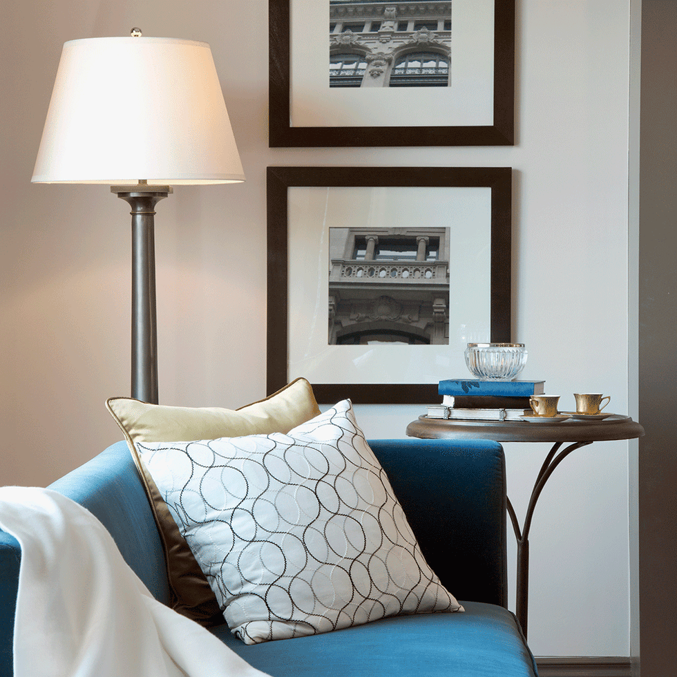Blue, Room, Interior design, Wall, Textile, Furniture, Linens, Pillow, Lampshade, Lamp, 