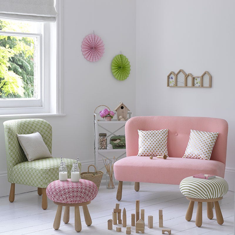 Furniture, Pink, Room, Interior design, Living room, Purple, Couch, Table, Chair, Coffee table, 