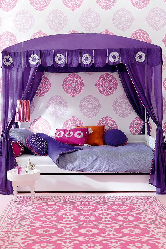 Room, Purple, Textile, Interior design, Pink, Violet, Lavender, Magenta, Shelf, Interior design, 