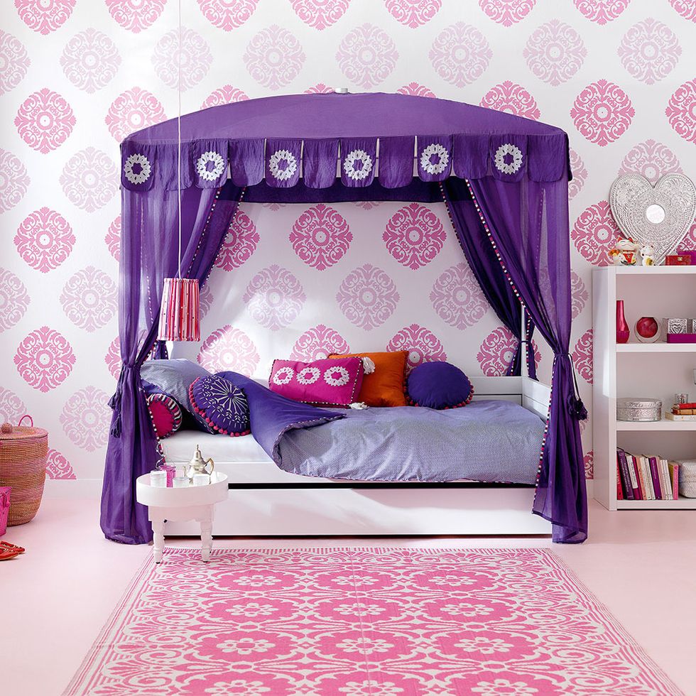 Room, Purple, Textile, Interior design, Pink, Violet, Lavender, Magenta, Shelf, Interior design, 