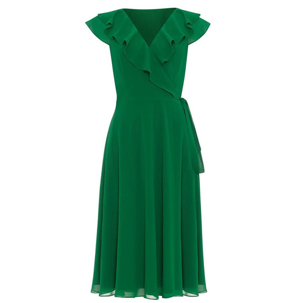 Clothing, Dress, Green, Day dress, Shoulder, Cocktail dress, Gown, Sleeve, A-line, Formal wear, 