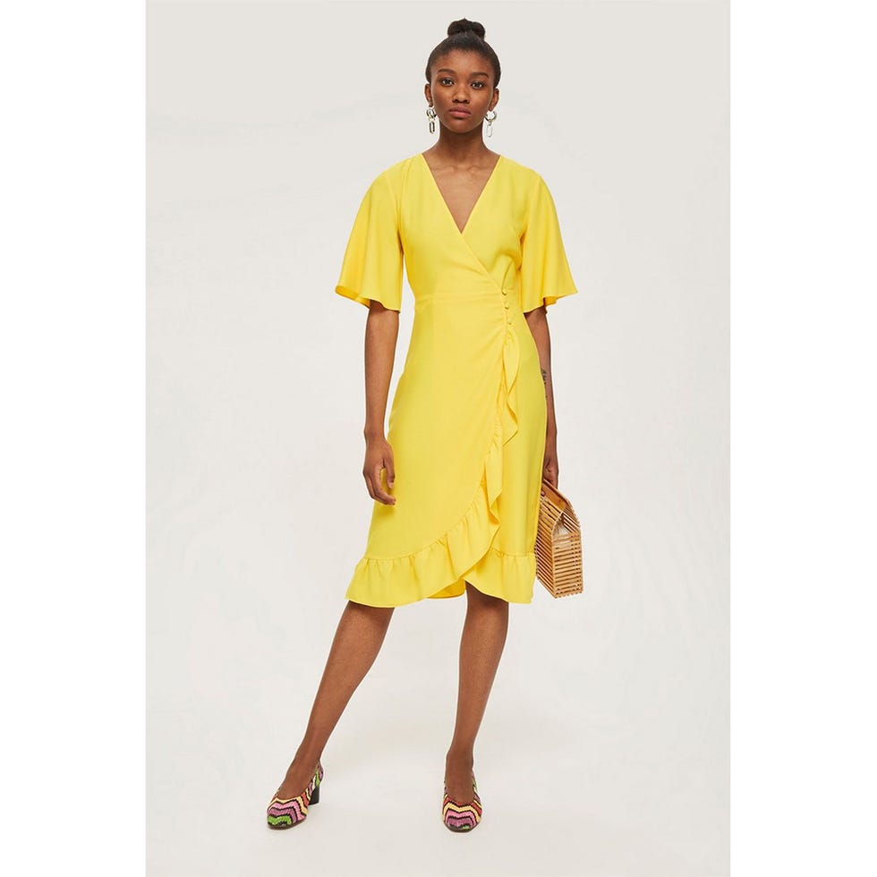 Clothing, Dress, Day dress, Shoulder, Yellow, Neck, Cocktail dress, Fashion model, Sleeve, Joint, 