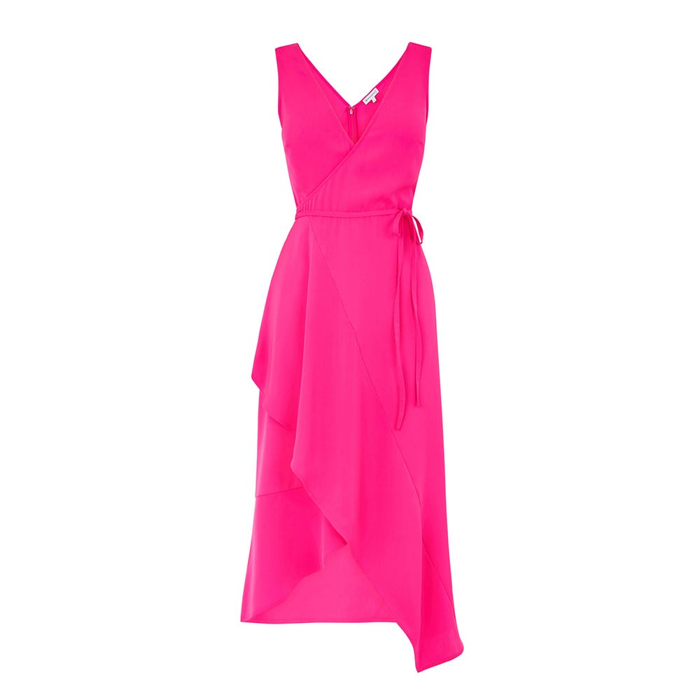 Clothing, Dress, Day dress, Pink, Cocktail dress, Magenta, Neck, Gown, A-line, Satin, 