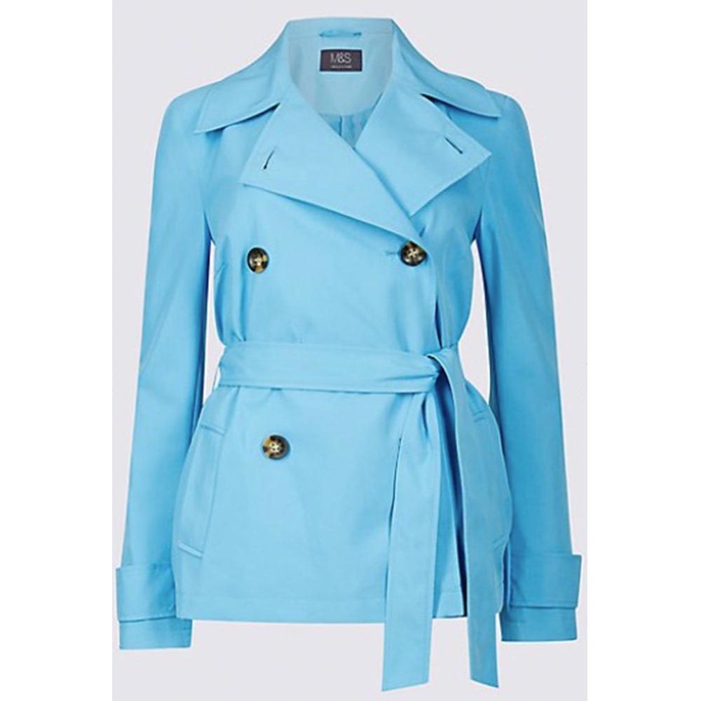 Clothing, Outerwear, Trench coat, Blue, Coat, Turquoise, Aqua, Collar, Sleeve, Overcoat, 