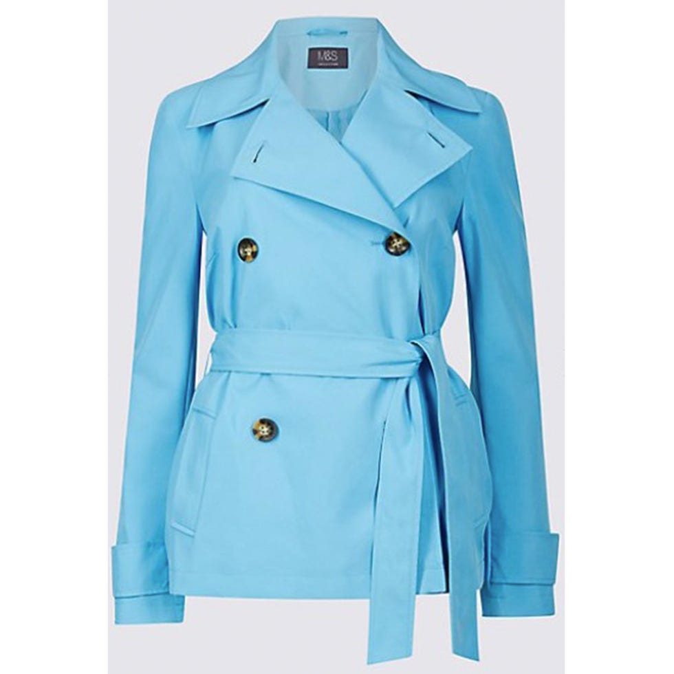 Clothing, Outerwear, Trench coat, Blue, Coat, Turquoise, Aqua, Collar, Sleeve, Overcoat, 