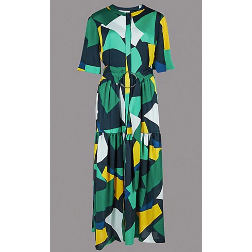 Clothing, Day dress, Dress, Green, Sleeve, Collar, Yellow, Pattern, Neck, Pattern, 