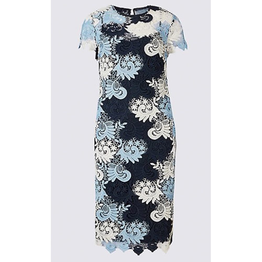 Clothing, Dress, Day dress, White, Blue, Turquoise, Sleeve, Cocktail dress, Neck, Pattern, 