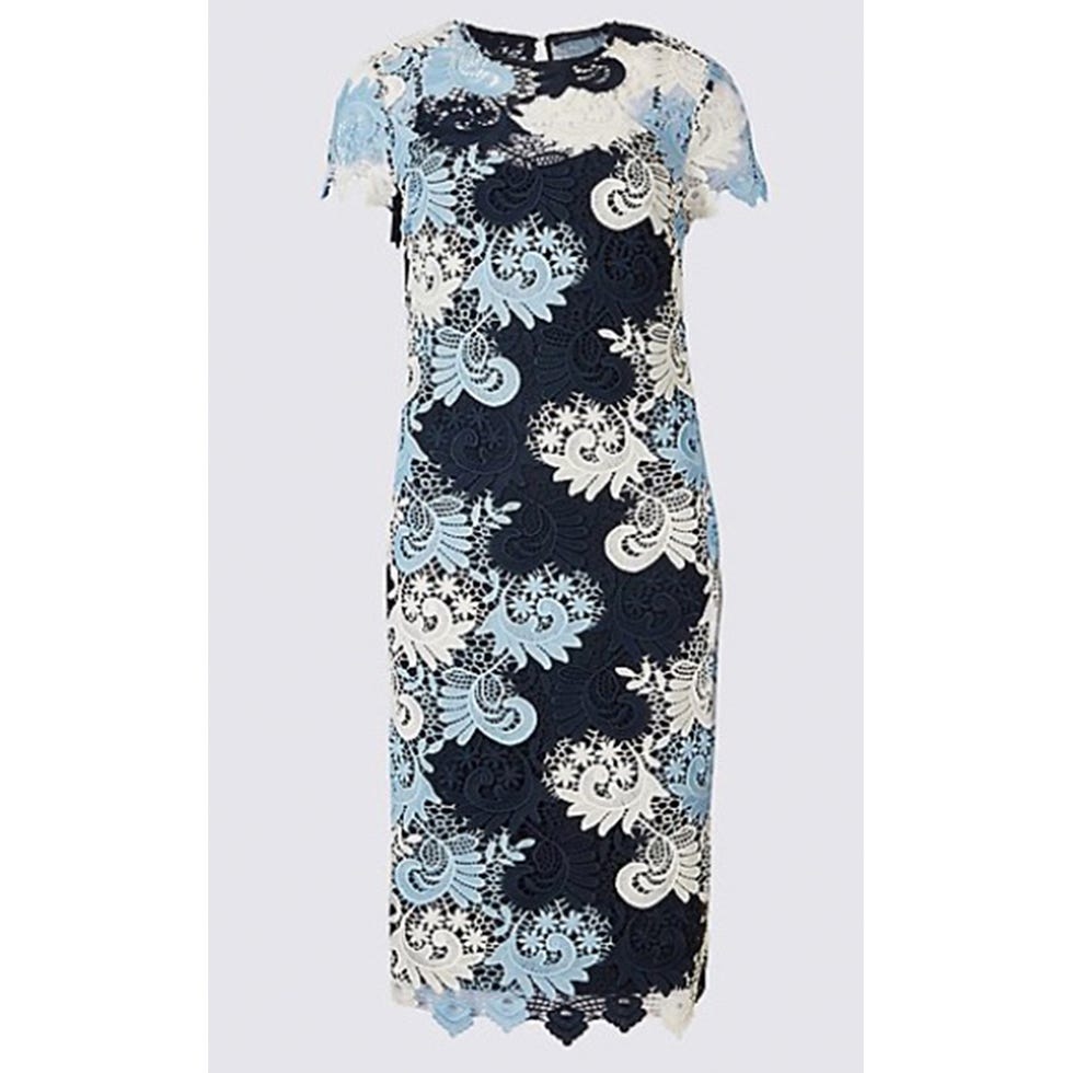 Clothing, Dress, Day dress, White, Blue, Turquoise, Sleeve, Cocktail dress, Neck, Pattern, 