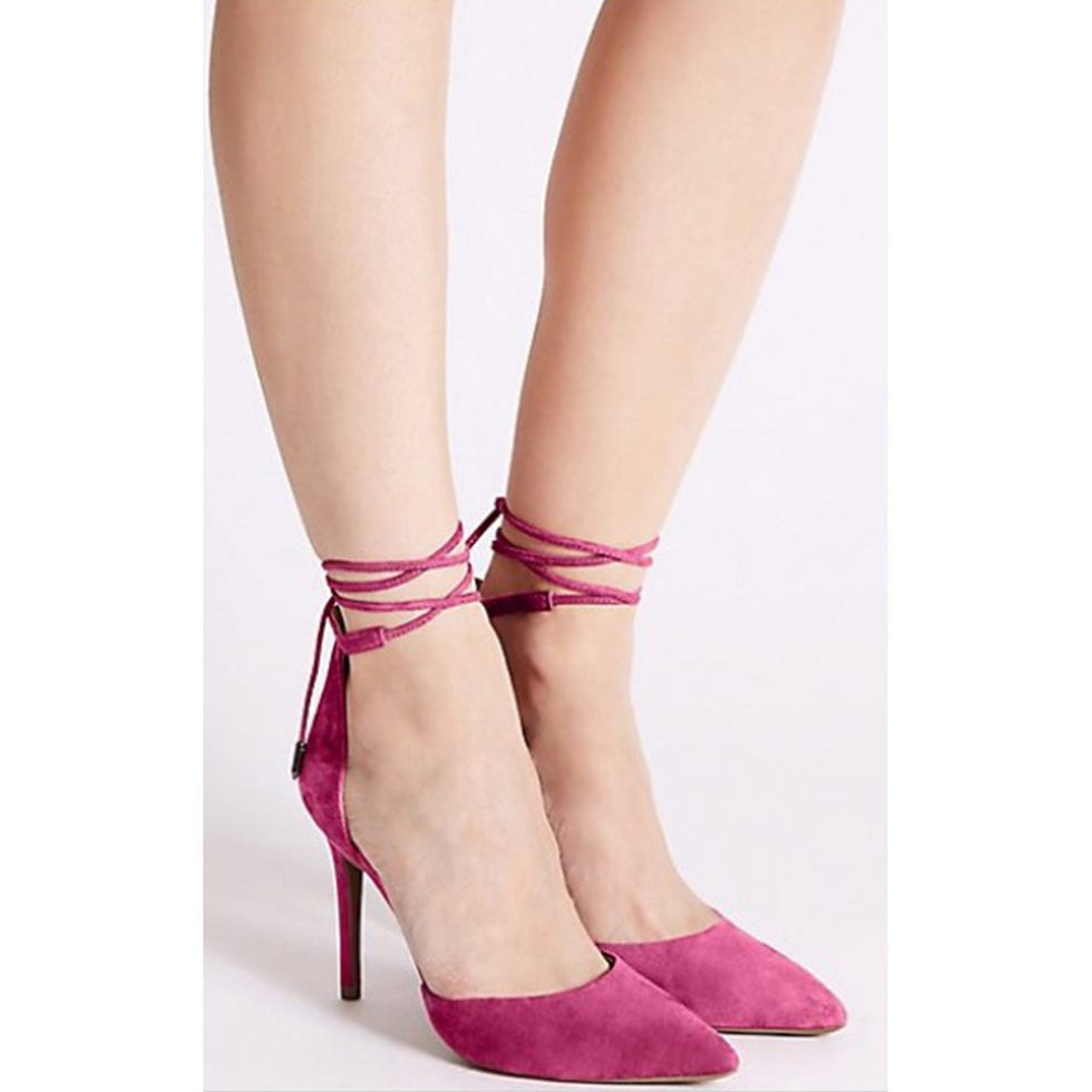 Footwear, Shoe, Pink, Ankle, High heels, Leg, Human leg, Suede, Leather, Joint, 