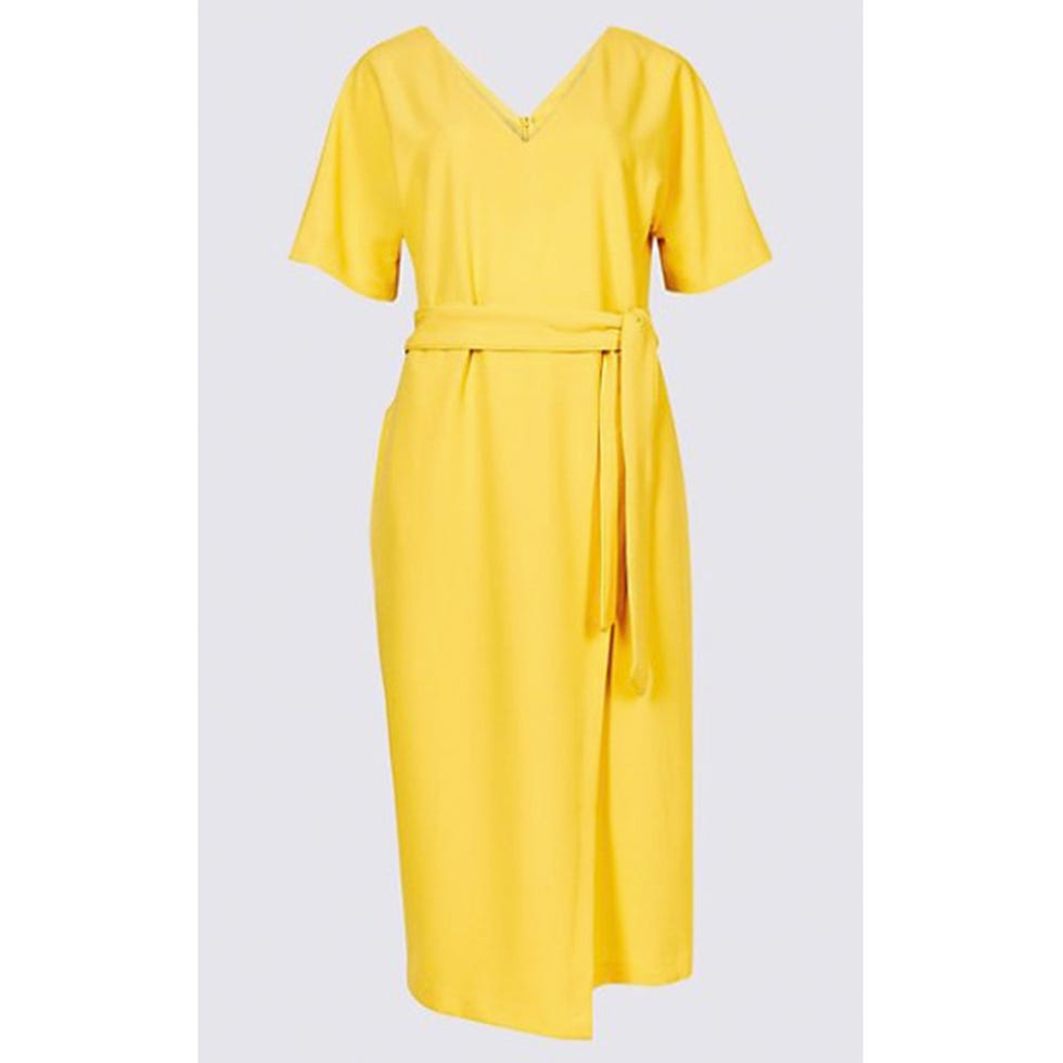 Clothing, Yellow, Dress, Day dress, Sleeve, Neck, Robe, Nightwear, Textile, Gown, 
