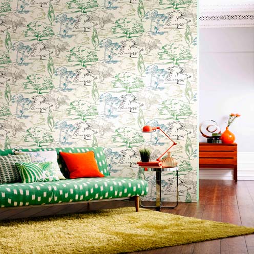 Green, Room, Interior design, Furniture, Wall, Living room, Interior design, Turquoise, Orange, Teal, 