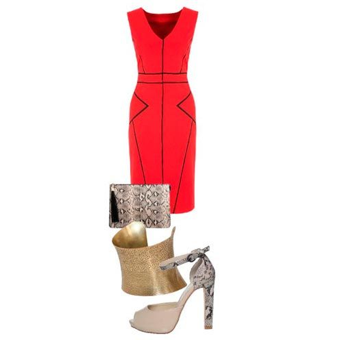Dress, Sleeve, One-piece garment, Formal wear, Day dress, High heels, Fashion, Pattern, Carmine, Beige, 