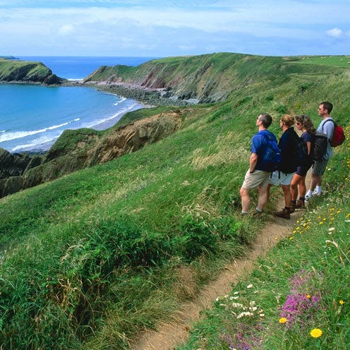 Coastal and oceanic landforms, Coast, Natural landscape, People in nature, Grassland, Terrain, Headland, Promontory, Ocean, Trail, 